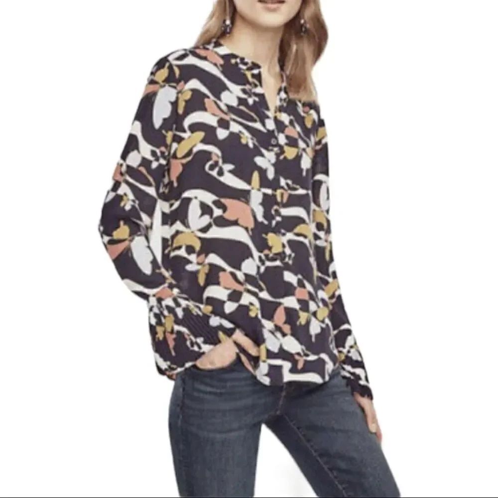 Ann Taylor Pleated cuff Long Sleeve Butterfly Printed Blouse Top MP Navy